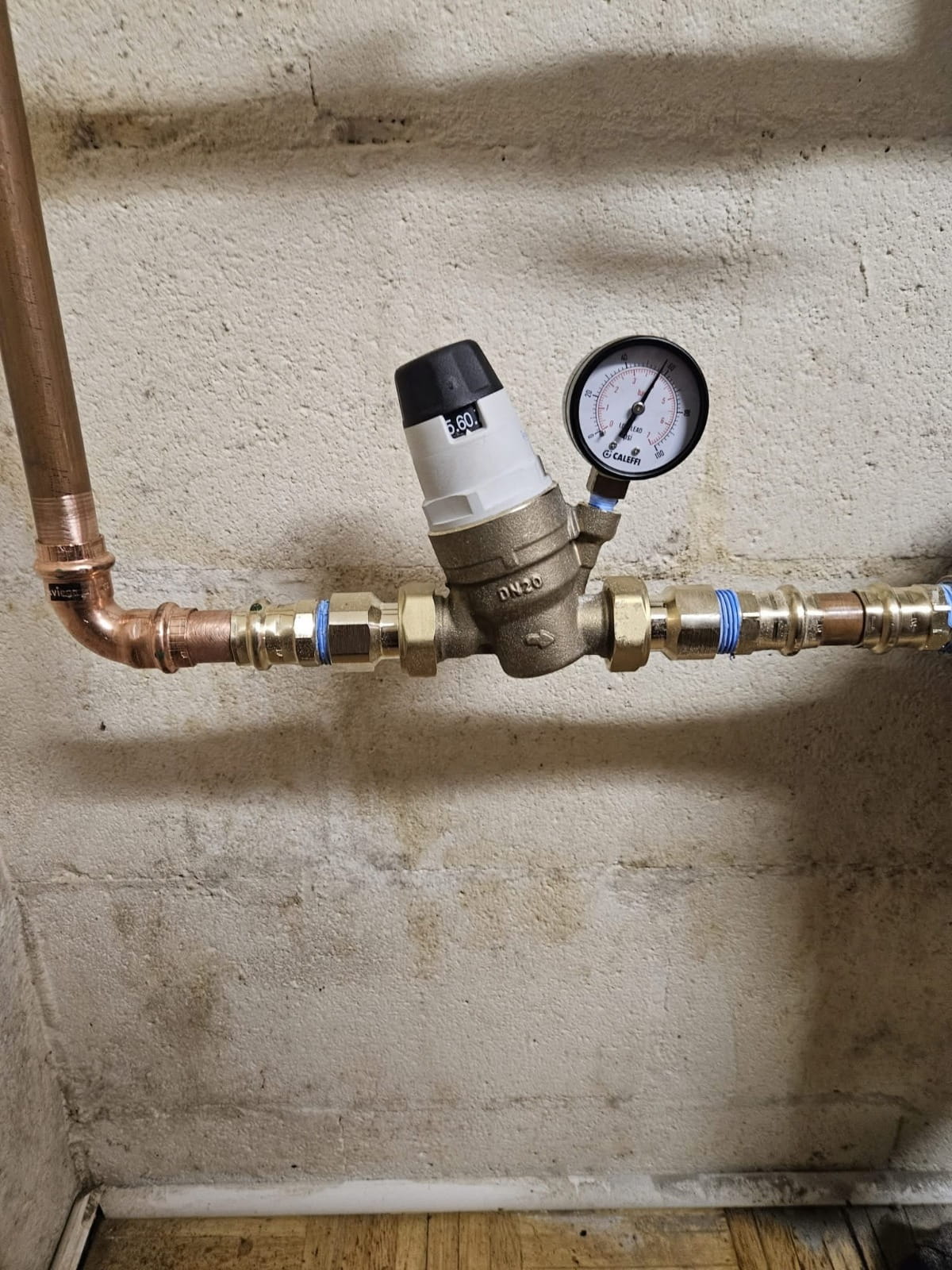 Caleffi pressure reducing valve installed on copper pipe in NC